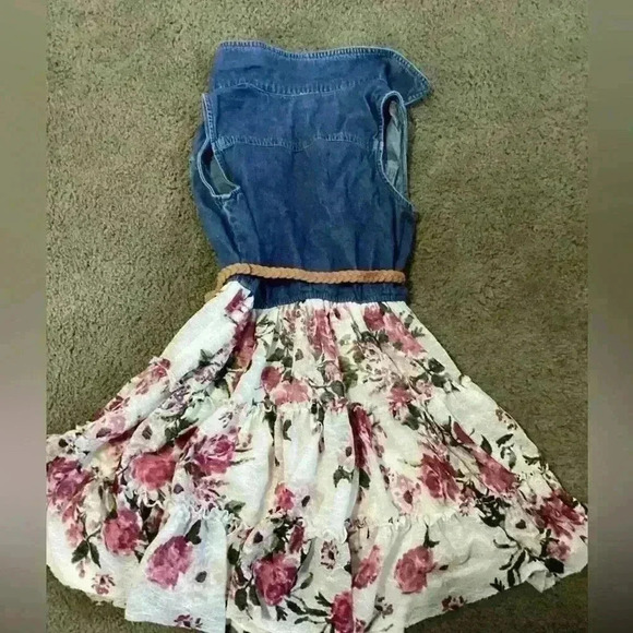 Girls Jean/floral dress with belt- size 8 - Picture 2 of 4